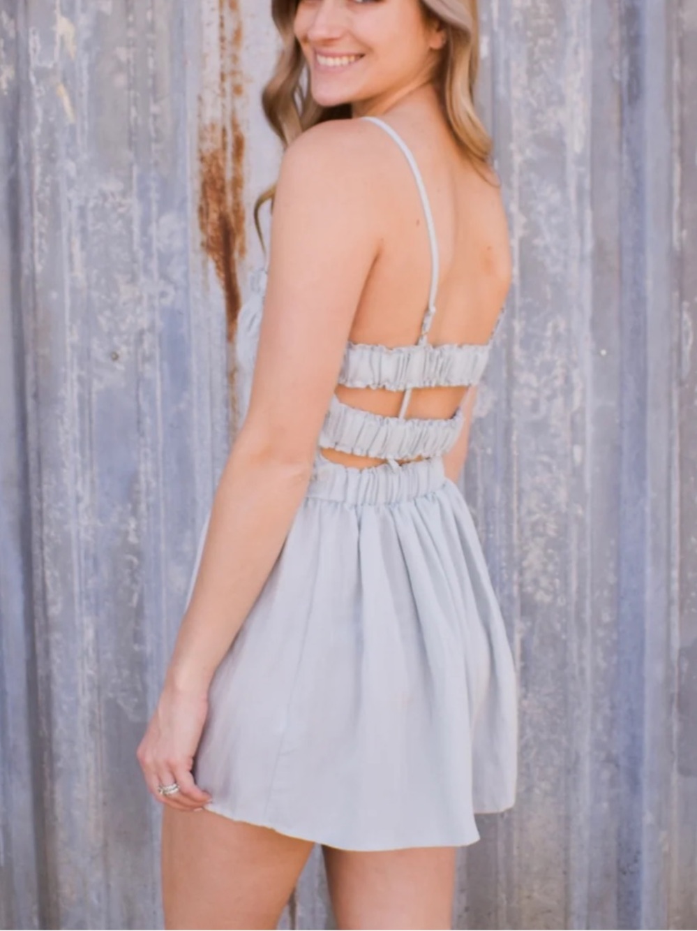 Mable Dusty Blue Open Back Romper
